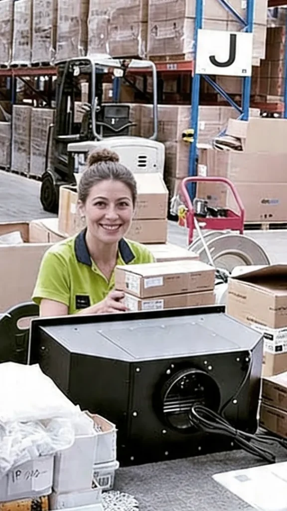 Staff smiling and working at their assembly station with the warehouse as background
