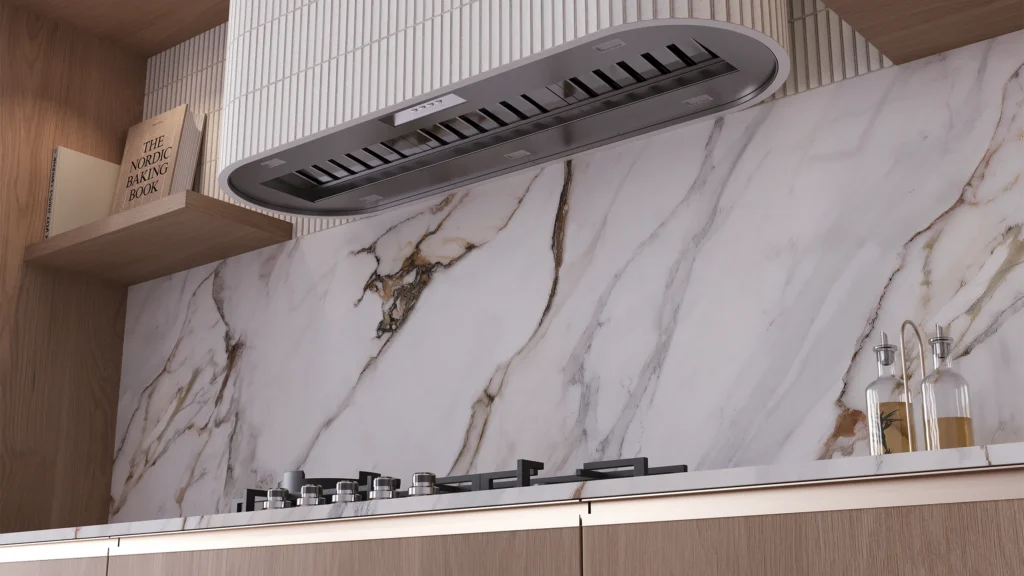 Whispair Zurich 120 rangehood with finger-tile finishes installed in a Scandinavian-style kitchen